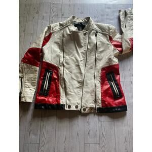 Budermmy Kids Moto Jacket Size 9–10 Faux Leather Cream Red Biker